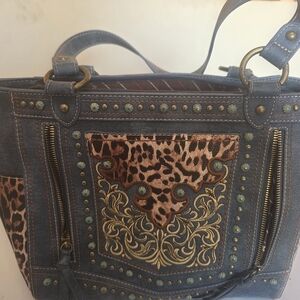 Stylish Denim and Leopard Print Women's Bag